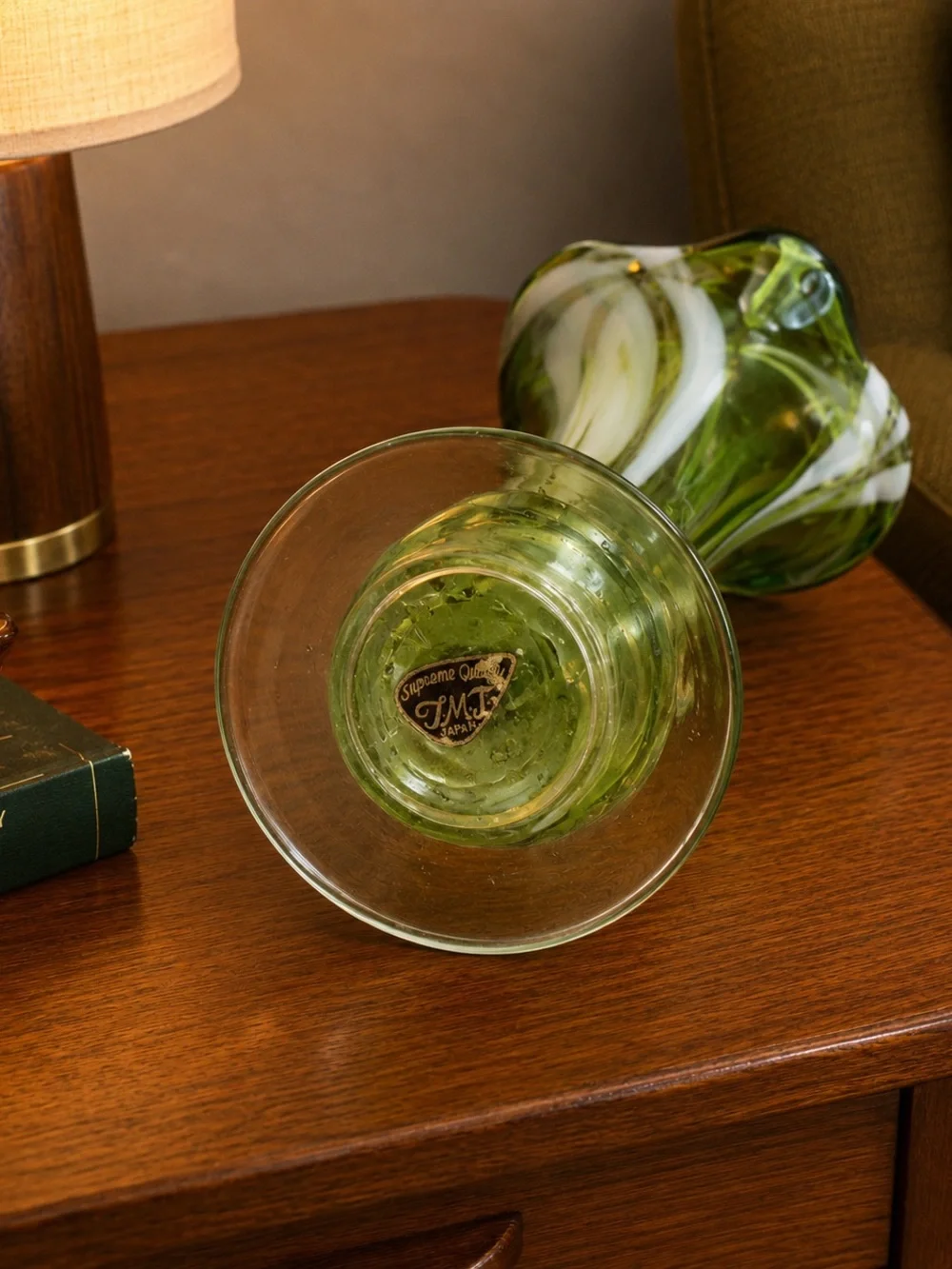 Vintage TMJ Japan MCM Cased Art Glass Trumpet Vase Original Label